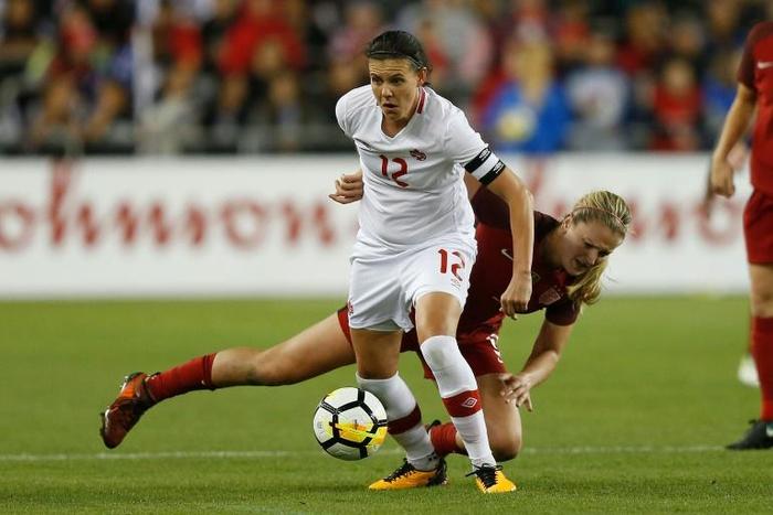 Christine Sinclair (#12, pictured November 2017) poked home her 180th international goal nine minutes from time