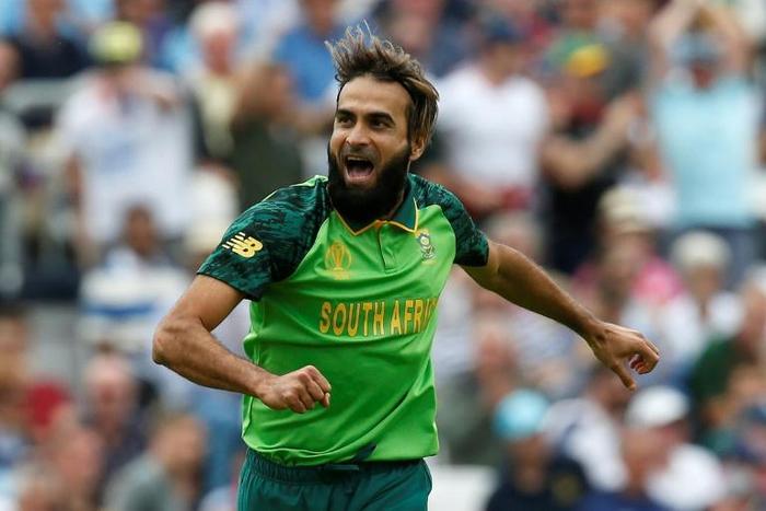 South Africa's Imran Tahir celebrates taking the wicket of England captain Eoin Morgan