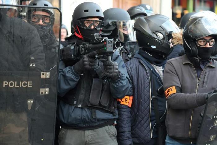 The 40-millimetre rubber defensive bullet launcher is used by police during French protests by yellow vest demonstrators (Gilets Jaunes)