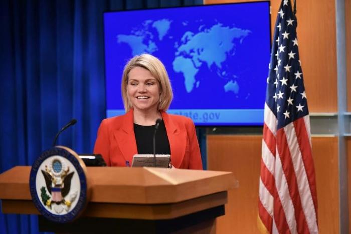 US State Department spokeswoman Heather Nauert speaks from the podium in May 2018