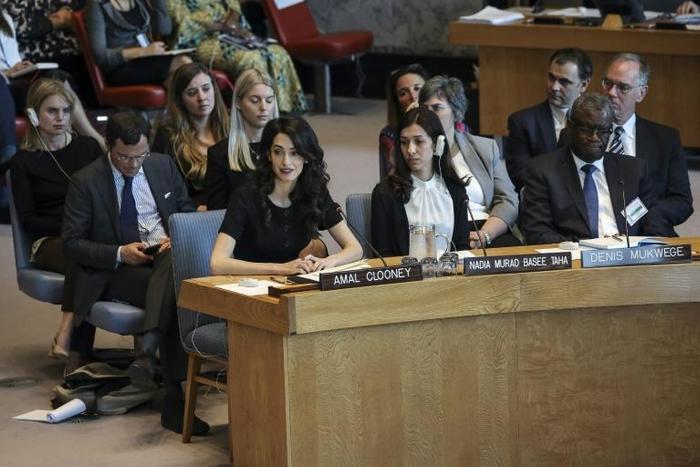 (L-R) Human rights lawyer Amal Clooney joins 2018 Nobel Peace Prize laureates Nadia Murad and Denis Mukwege in urging the United Nations to act against sexual violence in conflicts