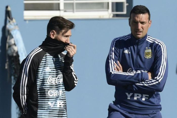 Argentina's forward Lionel Messi and now interim coach Lionel Scaloni