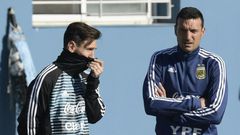 Argentina's forward Lionel Messi and now interim coach Lionel Scaloni