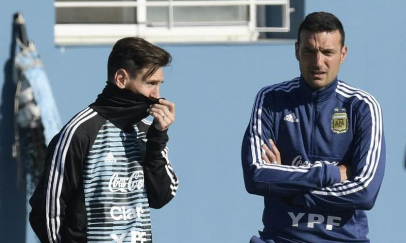 Argentina's forward Lionel Messi and now interim coach Lionel Scaloni