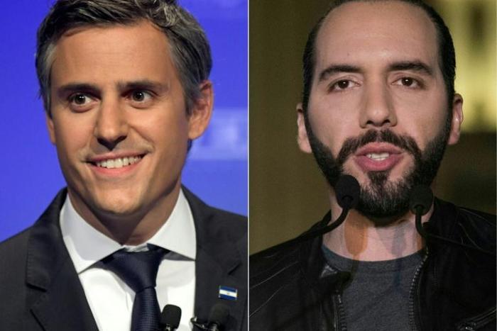 Nayib Bukele (R) former mayor of the capital San Salvador is favorite to win El Salvador's election in which his main challenge should come from supermarket magnate Carlos Calleja (L)