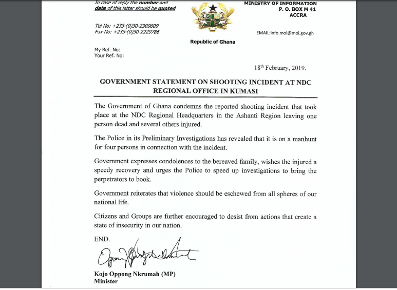 Gov’t condemns NDC shooting incident in Kumasi