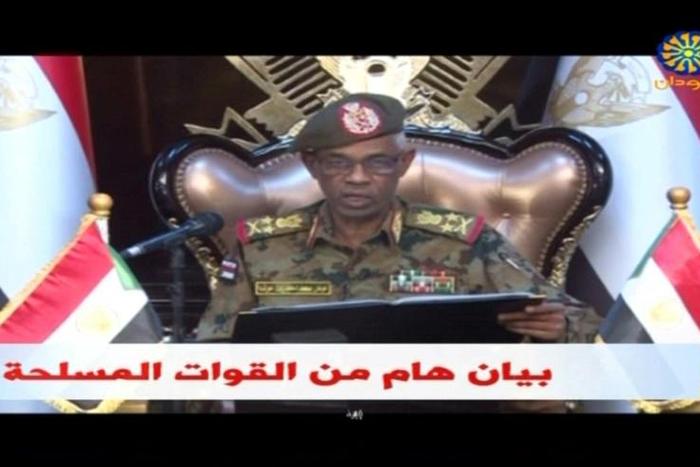 Sudanese Defence Minister Ahmed Awad Ibnouf announces the army has removed president Omar al-Bashir from power