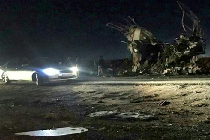 The scene of the suicide attack on February 13, 2019 on a Revolutionary Guards bus in southeastern Iran