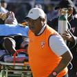 Bolivian referee Victor Hugo Hurtado is taken away on a stretcher during Bolivia's first division football match between Always Ready and Oriente Petrolero at the Municipal Stadium in El Alto, Bolivia on May 19, 2019