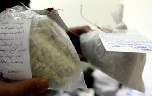Captagon pills, such as these ones seized by Syrian authorities in 2016, have been widely used by fighters in Syria's civil war