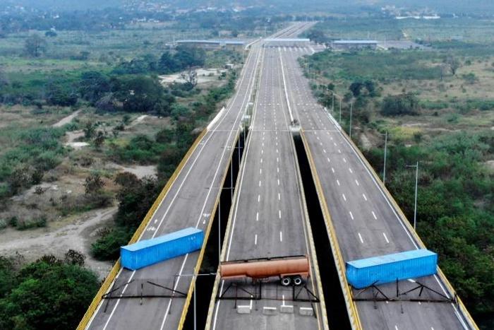 View of the Tienditas bridge where Venezuela has blocked aid from entering from Colombia