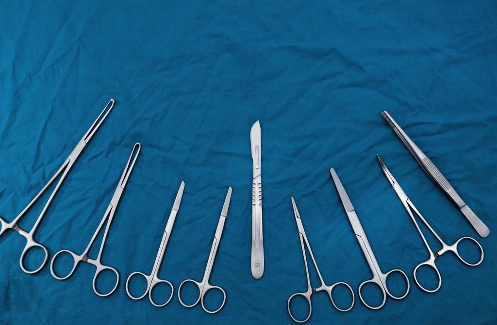 Surgical instruments Set for surgery on blue drape