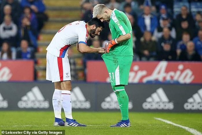 Crystal Palace defender James Tomkins looked down goalkeeper Vicente Guaita's shorts