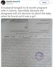 Lawyer hangs 8-month pregnant wife for refusing to abort baby because it’s a girl