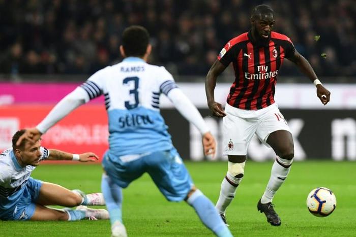 AC Milan's Tiemoue Bakayoko (R) was targetted by racist chanting by Lazio fans