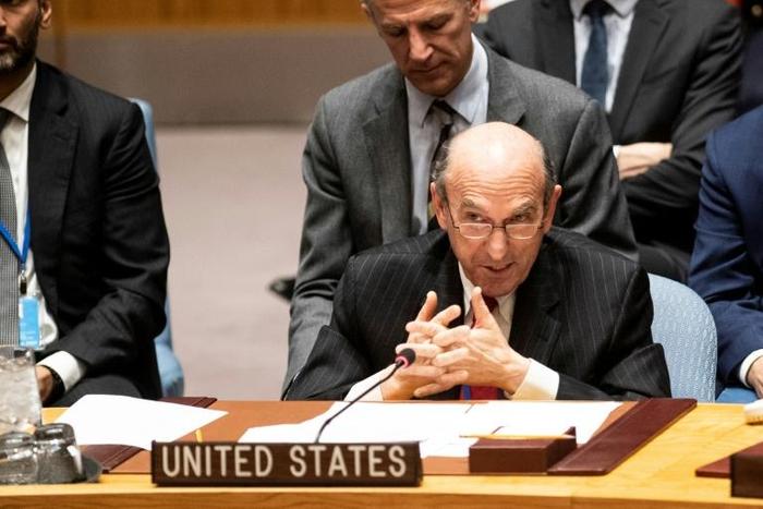 Elliott Abrams, the US envoy for Venezuela, speaks to the United Nations Security Council meeting on February 26, 2019