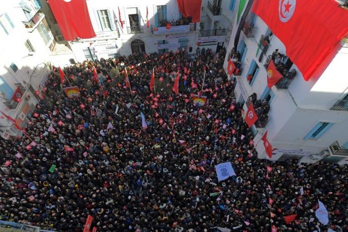 Workers gather at the headquarters of the powerful Tunisian General Labour Union during a strike on January 17, 2019