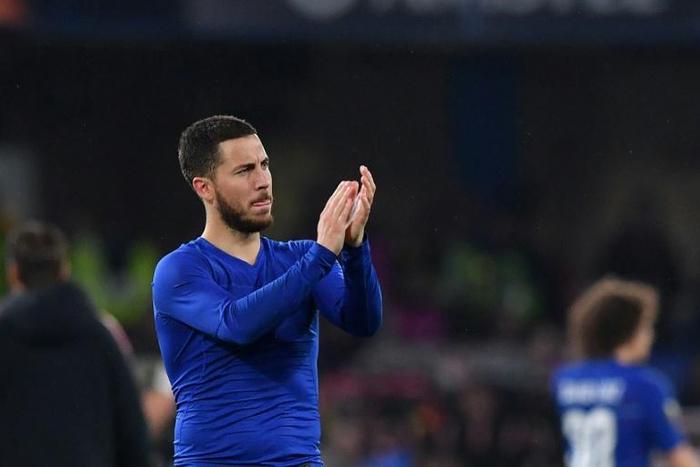 Eden Hazard applauds the fans at Stamford Bridge after Chelsea beat Eintract Frankfurt on penalties to reach the Europa League final