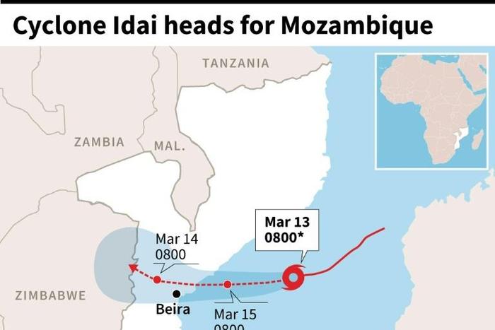 Map showing the forecast path of cyclone Idai which is heading for Mozambique.