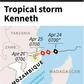 Map showing the path of tropical storm Kenneth which threatens Mozambique just weeks after it was ravaged by cyclone Idai