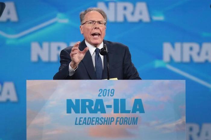 Wayne LaPierre, CEO of the powerful National Rifle Association in the US, is seen speaking at the group's convention on April 26, 2019; he appears to have forced out NRA President Oliver North in an angry public dispute