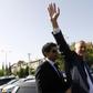 Retired Israeli general Benny Gantz, one of the leaders of the Blue and White (Kahol Lavan) political alliance, waves after casting his vote during Israel's elections