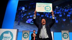 Anti-EU firebrand Nigel Farage addresses the first public rally of his new Brexit Party