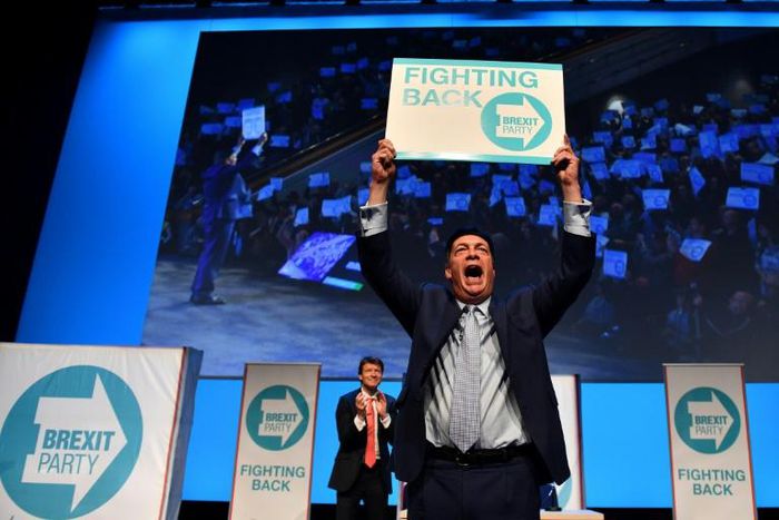 Anti-EU firebrand Nigel Farage addresses the first public rally of his new Brexit Party