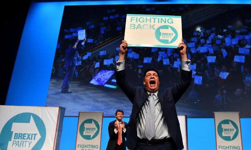 Anti-EU firebrand Nigel Farage addresses the first public rally of his new Brexit Party