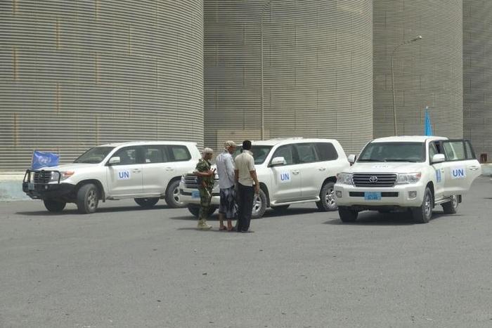 A UN team visits the Red Sea Mills grain silos outside Hodeida, which contain some 51,000 tonnes of grains that would feed 3.7 million people for a month but has been closed off by persistent insecurity