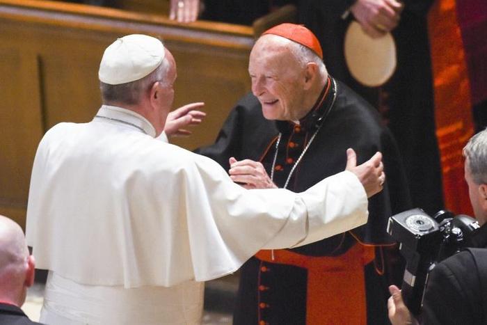 Last week Pope Francis defrocked former cardinal Theodore McCarrick, shown here greeting the pontiff in 2015, over accusations he sexually abused a teenager 50 years ago