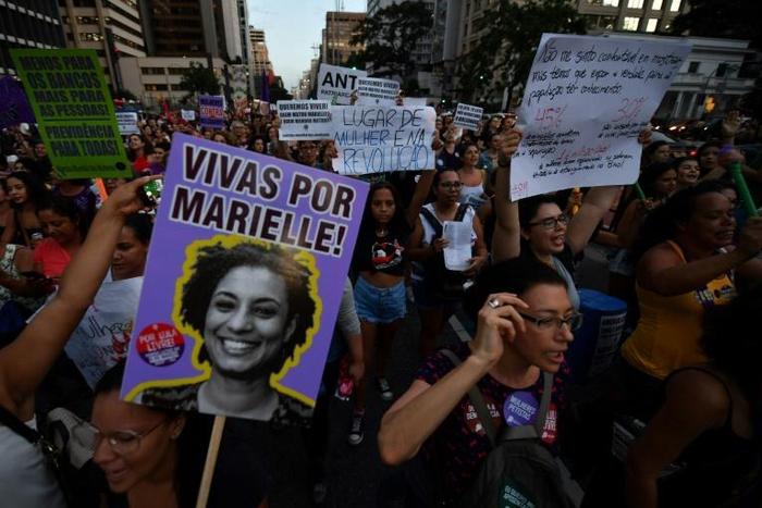 Slain Rio de Janeiro's councillor and activist Marielle Franco is remembered at a 2019 International Women's Day event in Sao Paulo, Brazil