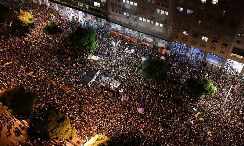 Protesters take to the streets in Rio de Janeiro as part of a nationwide strike by universities and schools in 'defense of education' following a raft of budget cuts announced by President Jair Bolsonaro's government