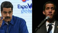 Venezuela's President Nicolas Maduro (left) is blocking US aid while self-proclaimed acting president Juan Guaido has vowed he will get the food and medicine into the country "one way or another"
