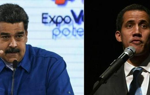 Venezuela's President Nicolas Maduro (left) is blocking US aid while self-proclaimed acting president Juan Guaido has vowed he will get the food and medicine into the country "one way or another"