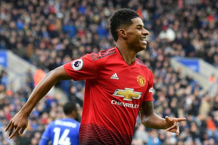 Manchester United forward Marcus Rashford celebrates his goal against Leicester