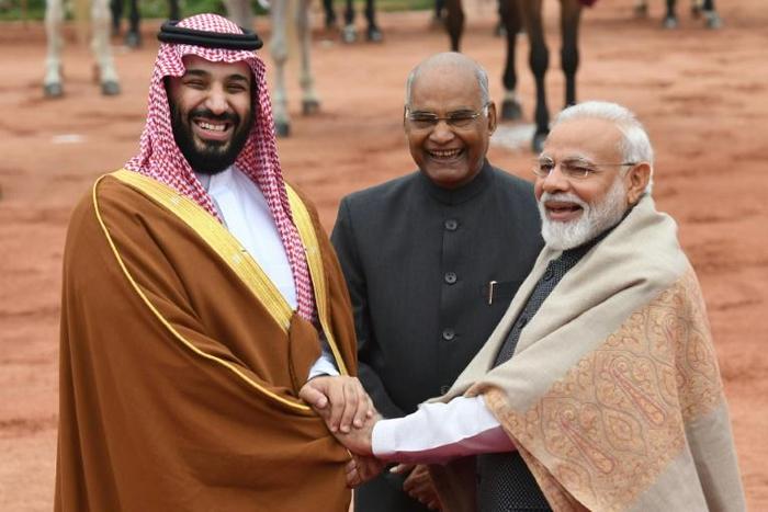 Saudi Crown Prince Mohammed bin Salman (L, with India's President Ram Nath Kovind and Prime Minister Narendra Modi) is on a high-profile tour of Asia to show Riyadh still has friends after the murder of journalist Jamal Khashoggi
