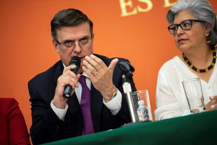 Mexican Foreign Minister Marcelo Ebrard (left) and Economy Secretary Graciela Marquez Colin attend speak to reporters in Washington before meeting with US officials over tariffs that President Donald Trump has threatened to impose on Mexican imports