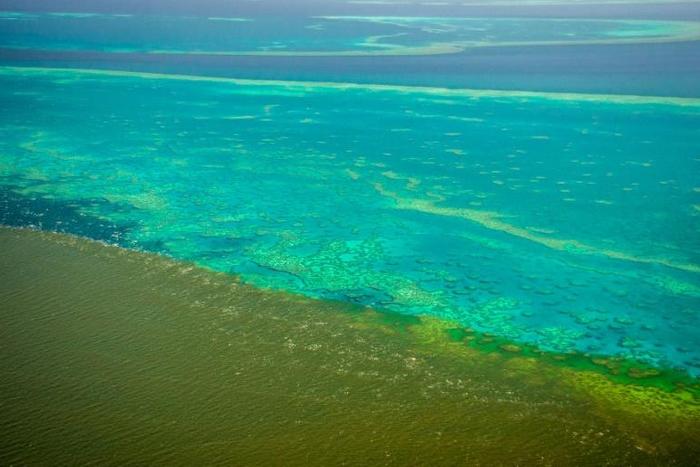 A handout photo shows shows sediment caused by unprecedented rain and flooding approaching the the Great Barrier Reef