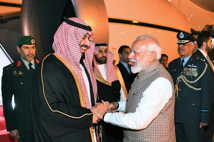 Indian Prime Minister Narendra Modi welcoming Saudi Crown Prince Mohammed bin Salman in New Delhi. The two countries have agreed to increase pressure on countries that fuel terrorism