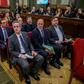 Former Catalan separatist leaders including (from front row L-R) Joaquim Forn, Raul Romeva, Oriol Junqueras, Josep Rull, Jordi Turull and Jordi Sanchez attend their trial at the Supreme Court in Madrid on February 12, 2019