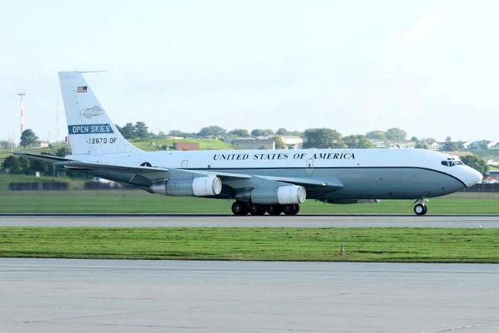 In this image from the US Air Force, an OC-135 Open Skies aircraft prepares to take off on September 14, 2018, from Offutt Air Force Base in Nebraska: the US military is conducting a surveillance flight over Russia as part of an international agreement