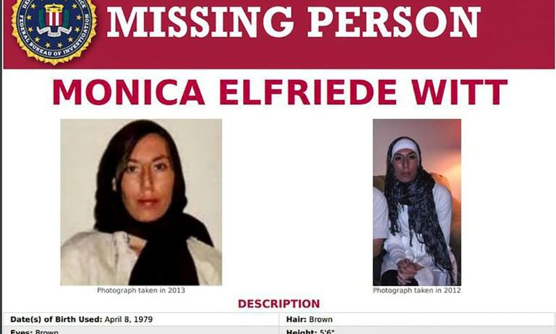 The FBI's Missing Person page for Monica Elfriede Witt, a former US Air Force counterintelligence officer charged with spying for Iran