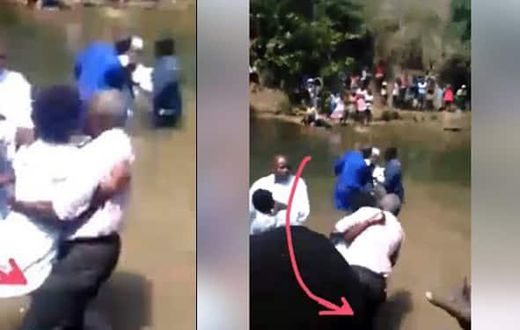 Lady attacks pastor during baptism, drags him into the river(video)