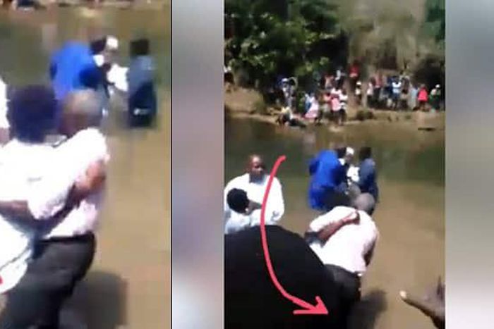 Lady attacks pastor during baptism, drags him into the river(video)