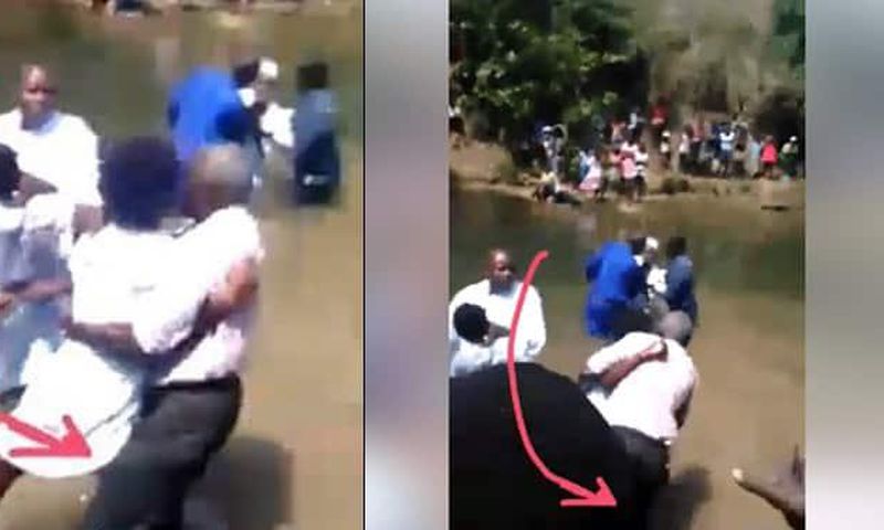 Lady attacks pastor during baptism, drags him into the river(video)