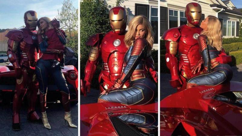 Kylie, Travis, Stormi at Avengers themed pre-birthday party