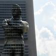 The statue of Sir Stamford Raffles is painted on one side to blend into the background building to commemorate the Singapore Bicentennial marking the 200th anniversary of the British arriving in Singapore
