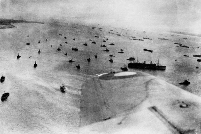An aerial view of the Allied fleet off the Normandy coast on D-Day, June 6, 1944, the biggest naval operation ever in terms of the number of ships deployed