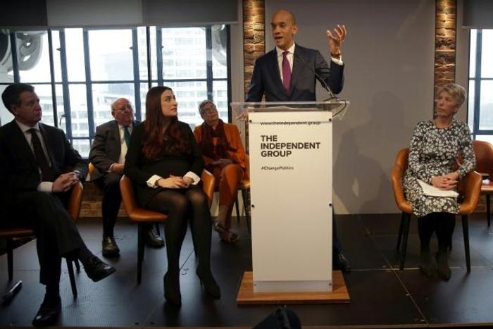(L-R) Labour party MPs Chris Leslie, Mike Gapes, Luciana Berger, Ann Coffey, Angela Smith and Gavin Shuker listen as Chuka Umunna at a press conference in London on February 18, 2019 where they announced they were resigning from the party